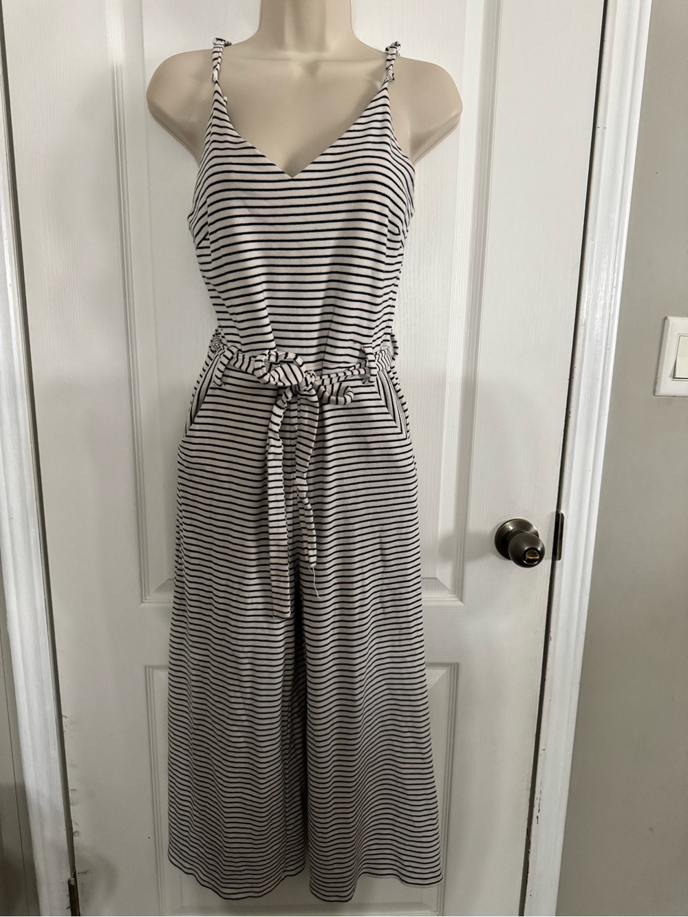 Monteau Black & White Striped Tie-Waist Wide-Leg Jumpsuit - Picture 2 of 5